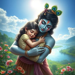 A serene and divine scene depicting Lord Krishna, the Hindu deity, lovingly cradling an ill girl in a lush green landscape
