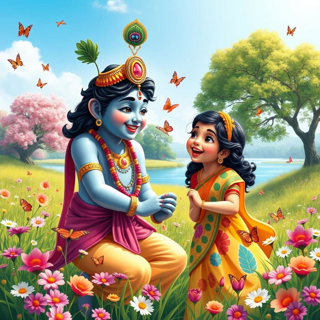 A joyful and heartwarming scene of Lord Krishna playfully interacting with a girl, depicting them as best friends