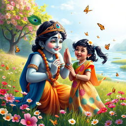 A joyful and heartwarming scene of Lord Krishna playfully interacting with a girl, depicting them as best friends