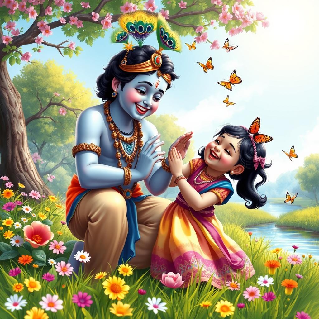 A joyful and heartwarming scene of Lord Krishna playfully interacting with a girl, depicting them as best friends