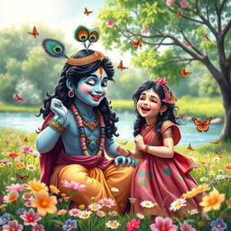 A joyful and heartwarming scene of Lord Krishna playfully interacting with a girl, depicting them as best friends