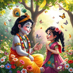 A charming scene illustrating Lord Krishna engaged in a heartfelt conversation with a girl