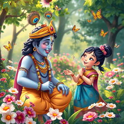 A charming scene illustrating Lord Krishna engaged in a heartfelt conversation with a girl