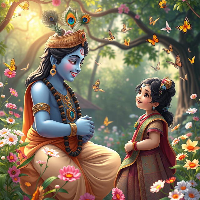 A charming scene illustrating Lord Krishna engaged in a heartfelt conversation with a girl