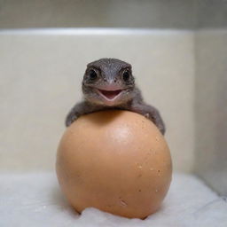 A baby raptor emerging from the hatched dinosaur egg in the incubator