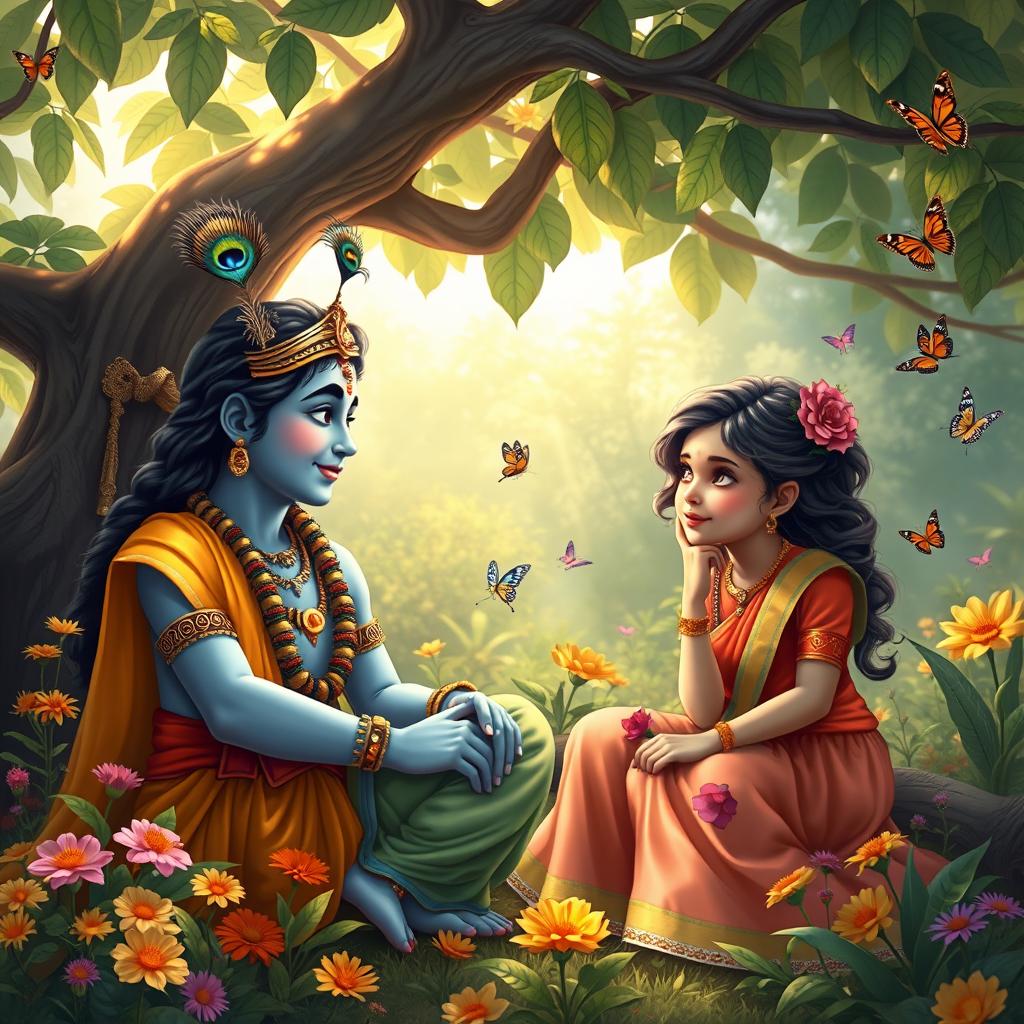 A thoughtful and engaging scene of Lord Krishna in a deep conversation with a girl