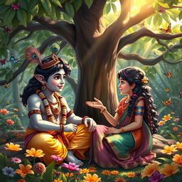 A thoughtful and engaging scene of Lord Krishna in a deep conversation with a girl