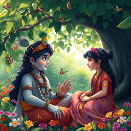 A thoughtful and engaging scene of Lord Krishna in a deep conversation with a girl