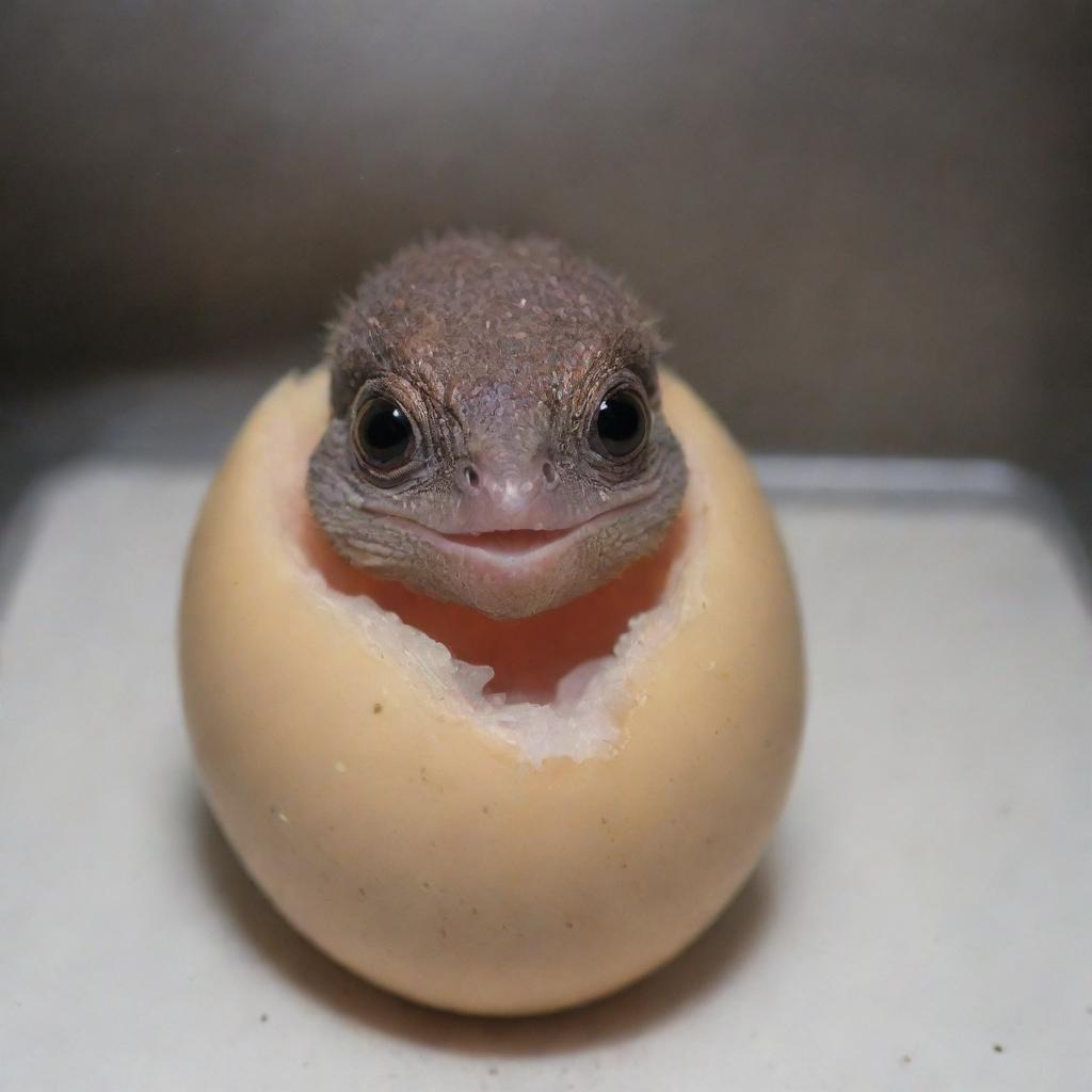 A baby raptor emerging from the hatched dinosaur egg in the incubator