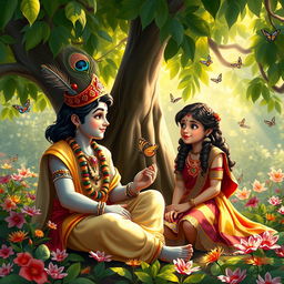 A thoughtful and engaging scene of Lord Krishna in a deep conversation with a girl