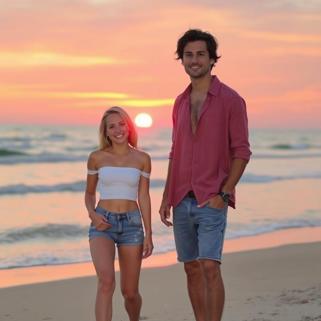 A romantic beach scene at sunset featuring a couple