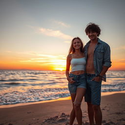 A romantic beach scene at sunset featuring a couple