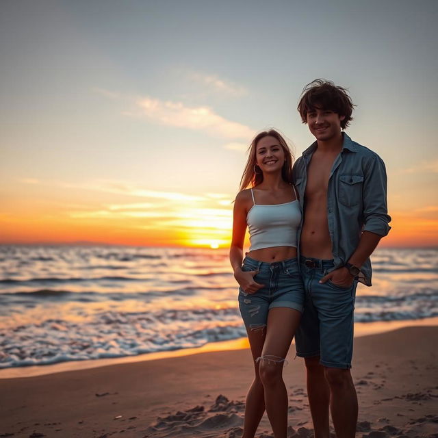 A romantic beach scene at sunset featuring a couple