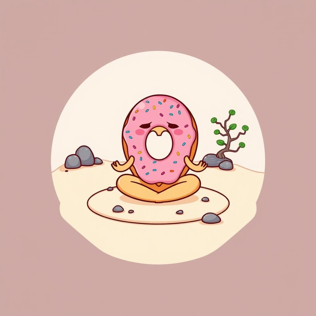 A t-shirt design featuring a whimsical cartoon-style donut meditating in a Zen garden on the front