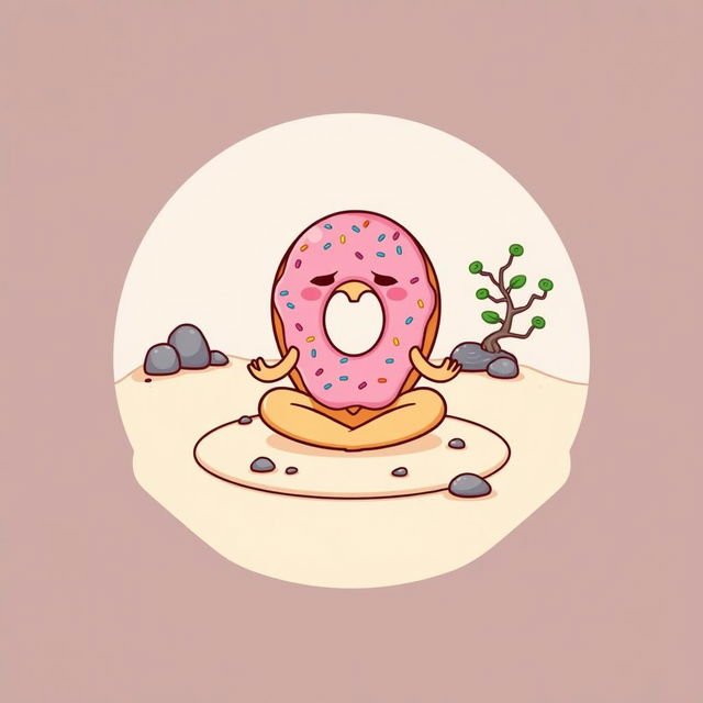 A t-shirt design featuring a whimsical cartoon-style donut meditating in a Zen garden on the front