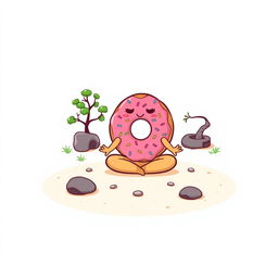 A t-shirt design featuring a whimsical cartoon-style donut meditating in a Zen garden on the front