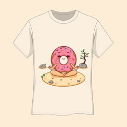 A t-shirt design featuring a whimsical cartoon-style donut meditating in a Zen garden on the front