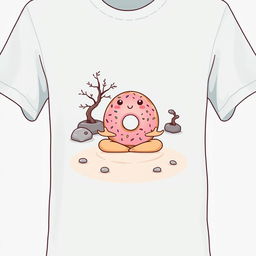 A t-shirt design featuring a whimsical cartoon-style donut meditating in a Zen garden on the front
