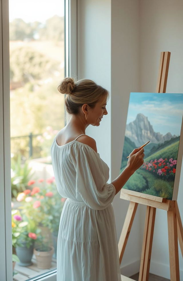 A middle-aged woman in a flowing white dress, standing by a large window, lost in the act of painting on a canvas