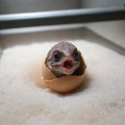 A baby raptor emerging from the hatched dinosaur egg in the incubator