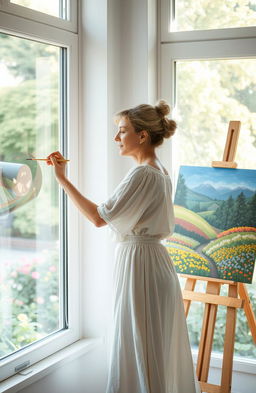 A middle-aged woman in a flowing white dress, standing by a large window, lost in the act of painting on a canvas