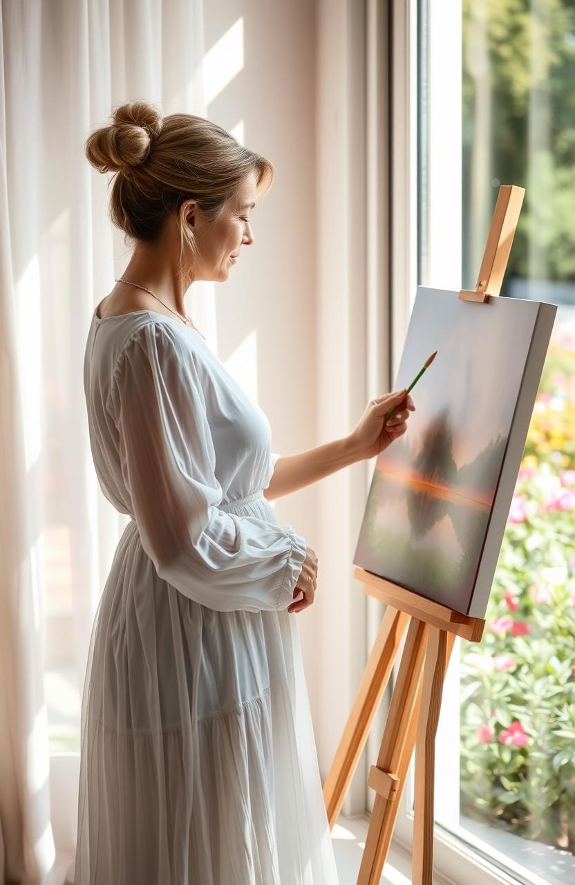 A middle-aged woman in a flowing white dress, standing by a large window, lost in the act of painting on a canvas