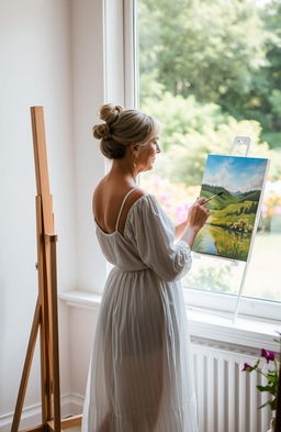 A middle-aged woman in a flowing white dress, standing by a large window, lost in the act of painting on a canvas