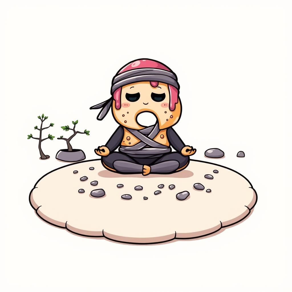 A t-shirt design featuring a whimsical cartoon-style ninja donut meditating in a Zen garden on the front