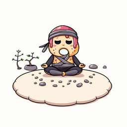 A t-shirt design featuring a whimsical cartoon-style ninja donut meditating in a Zen garden on the front