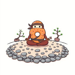 A t-shirt design featuring a whimsical cartoon-style ninja donut meditating in a Zen garden on the front