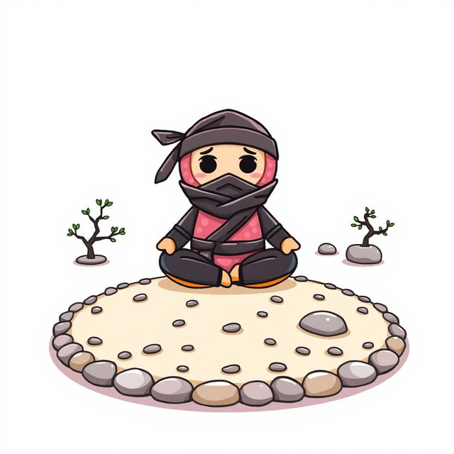 A t-shirt design featuring a whimsical cartoon-style ninja donut meditating in a Zen garden on the front