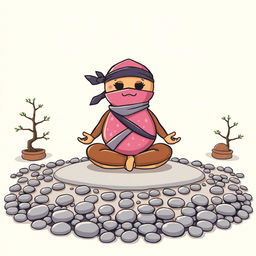 A t-shirt design featuring a whimsical cartoon-style ninja donut meditating in a Zen garden on the front