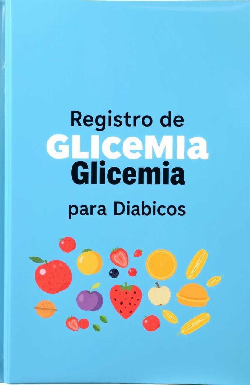 Capa de um livro de registro de glicose para diabéticos, com destaque para elementos relacionados à saúde e diabetes