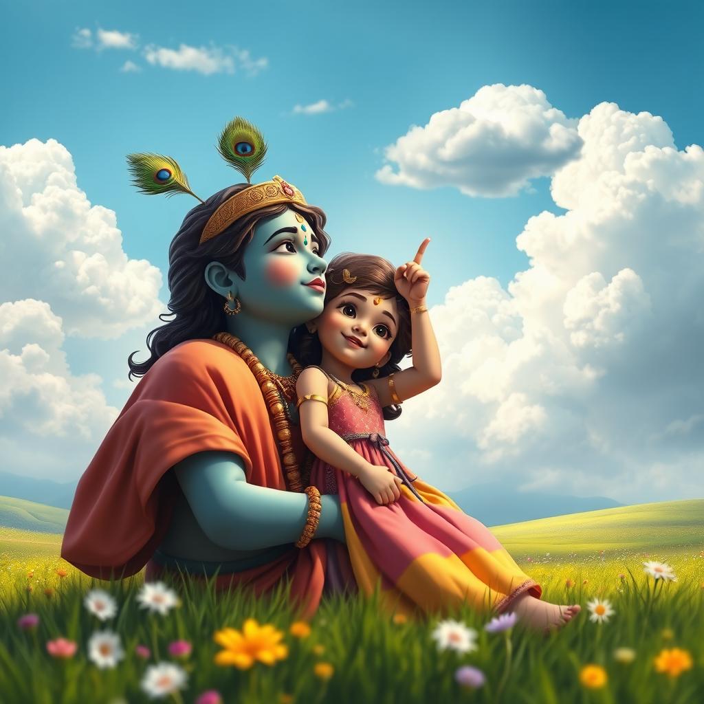 A touching and tranquil scene of a girl resting her head on Lord Krishna's shoulder while pointing towards the sky