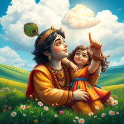A touching and tranquil scene of a girl resting her head on Lord Krishna's shoulder while pointing towards the sky