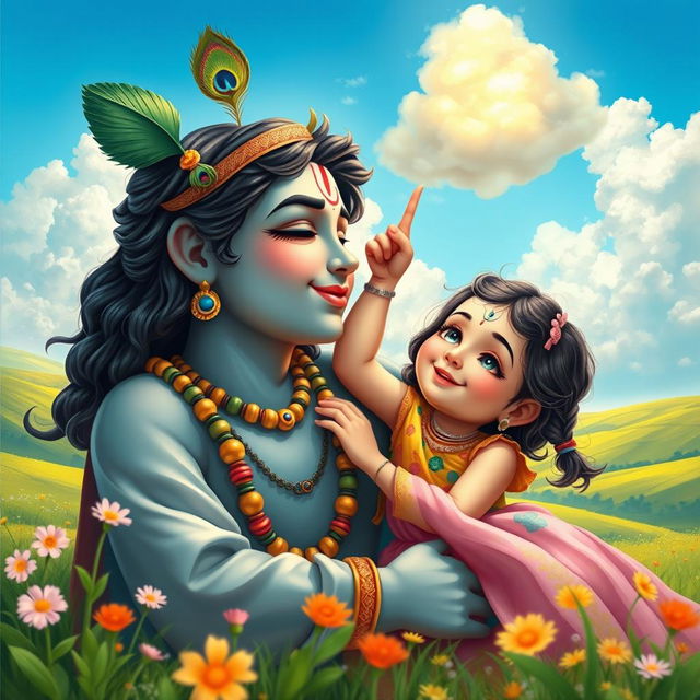 A touching and tranquil scene of a girl resting her head on Lord Krishna's shoulder while pointing towards the sky