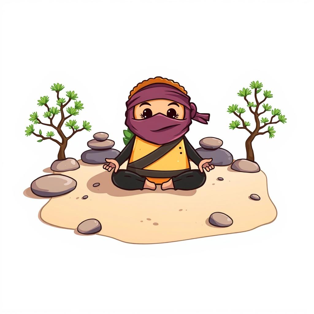 A t-shirt design featuring a whimsical cartoon-style ninja taco meditating in a Zen garden on the front