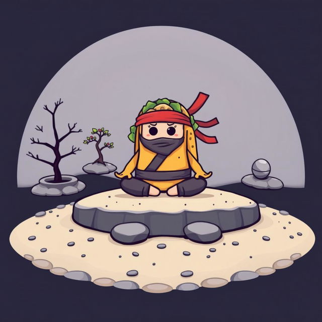 A t-shirt design featuring a whimsical cartoon-style ninja taco meditating in a Zen garden on the front