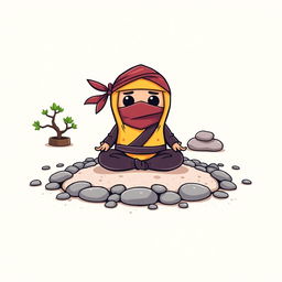 A t-shirt design featuring a whimsical cartoon-style ninja taco meditating in a Zen garden on the front