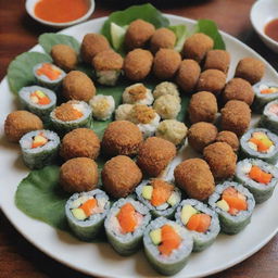 A beautifully presented platter of fresh sushi rolls and crispy falafel balls.