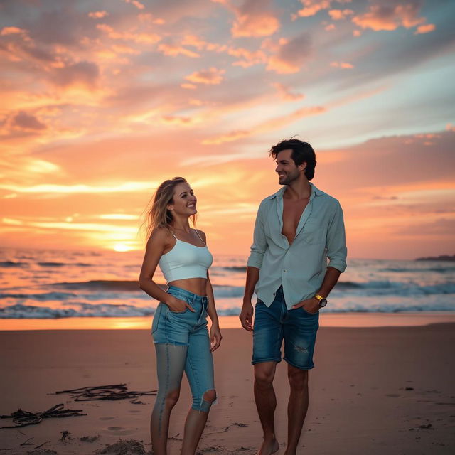 A romantic beach scene at sunset featuring a couple