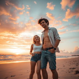 A romantic beach scene at sunset featuring a couple