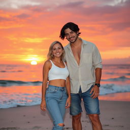 A romantic beach scene at sunset featuring a couple