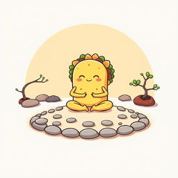 A t-shirt design showcasing a whimsical cartoon-style taco meditating in a Zen garden on the front