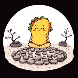 A t-shirt design showcasing a whimsical cartoon-style taco meditating in a Zen garden on the front