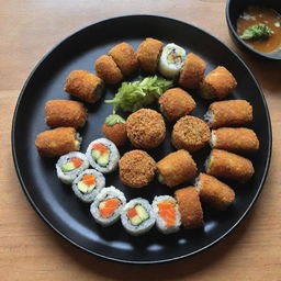 A beautifully presented platter of fresh sushi rolls and crispy falafel balls.