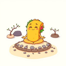 A t-shirt design showcasing a whimsical cartoon-style taco meditating in a Zen garden on the front