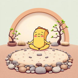 A t-shirt design showcasing a whimsical cartoon-style taco meditating in a Zen garden on the front