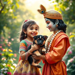A delightful scene depicting a girl joyfully showing a German Shepherd puppy to Lord Krishna