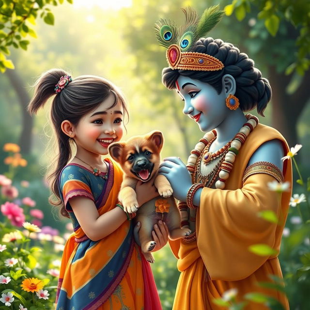 A delightful scene depicting a girl joyfully showing a German Shepherd puppy to Lord Krishna